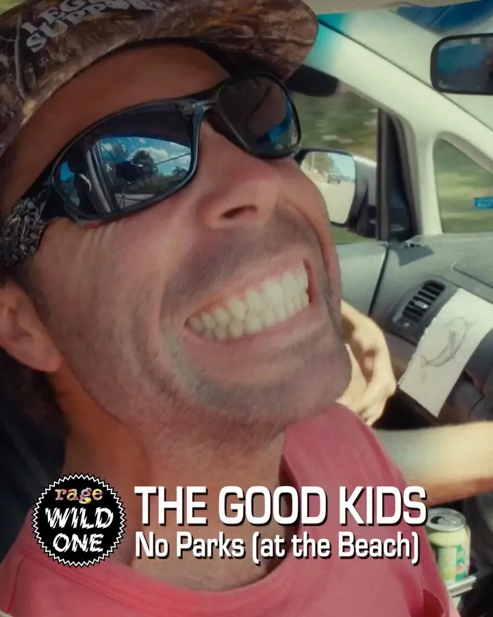 A grinning bloke in sunnies behind the wheel, from the No Parks video